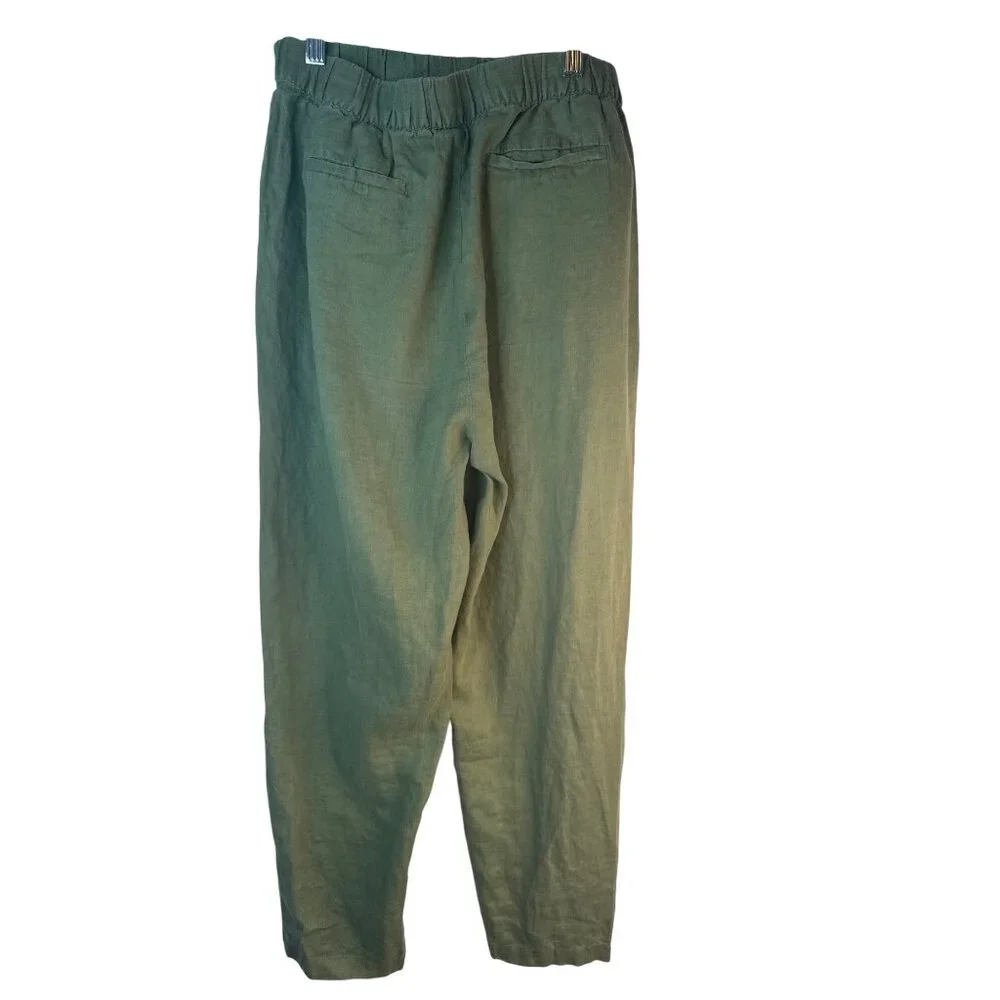 ZARA Womens Small Olive Green Linen Pants Elastic Waist Relaxed Fit